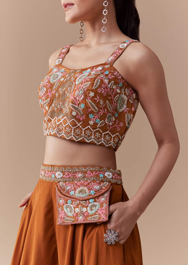 Rust Silk Crop Top Palazzo Set with Cudtana Embroidery