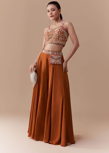 Rust Silk Crop Top Palazzo Set with Cudtana Embroidery