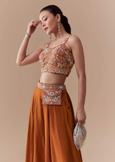 Rust Silk Crop Top Palazzo Set with Cudtana Embroidery