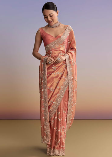 Rust Tissue Embroidered Saree With Cutdana And Stone Work