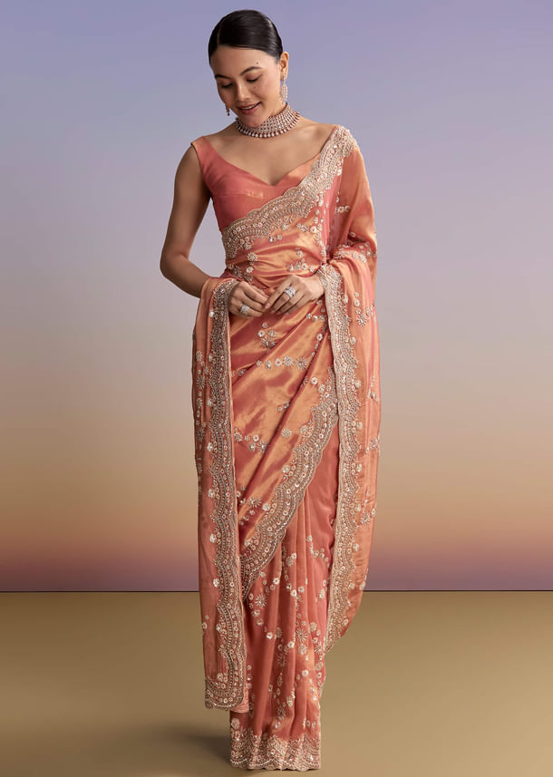 Rust Tissue Embroidered Saree With Cutdana And Stone Work