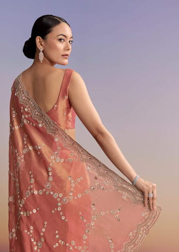Rust Tissue Embroidered Saree With Cutdana And Stone Work