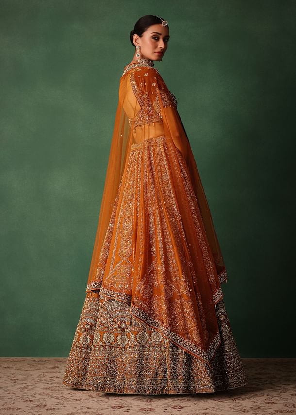 Rust Embroidered Bridal Lehenga With Deep Neckline Blouse And Dupatta