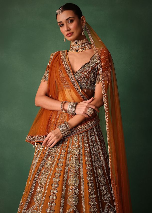Rust Embroidered Bridal Lehenga With Deep Neckline Blouse And Dupatta
