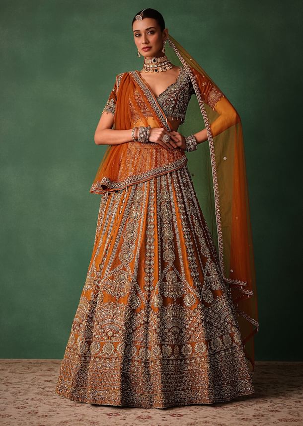 Rust Embroidered Bridal Lehenga With Deep Neckline Blouse And Dupatta