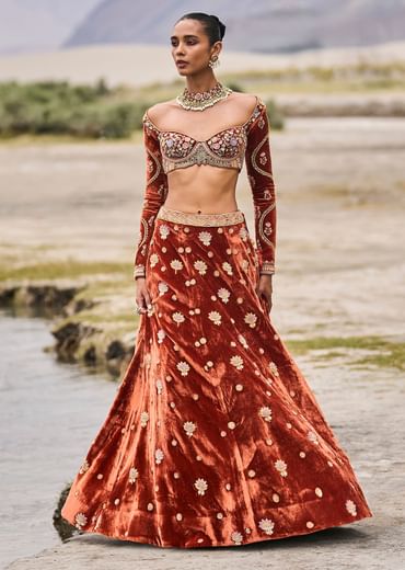 Rust Embroidered Velvet Lehenga And Blouse With Dupatta