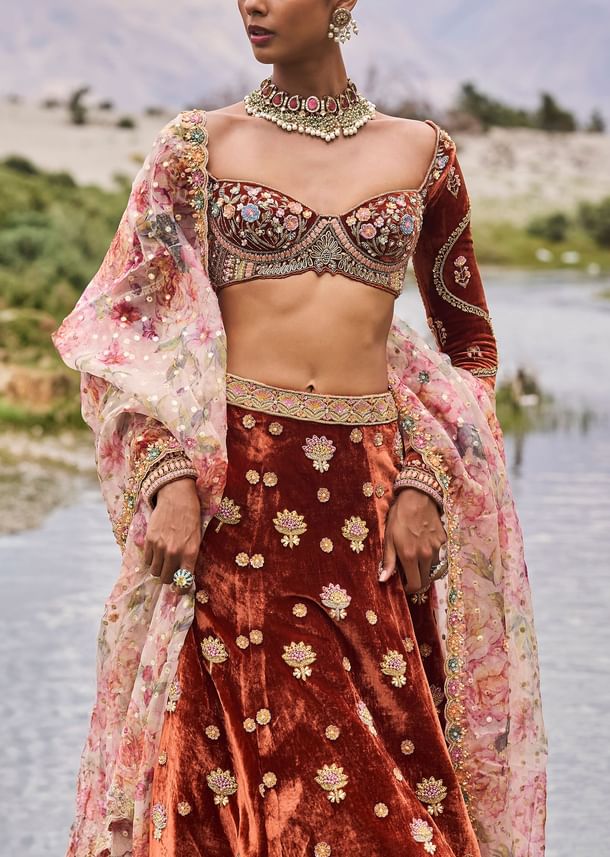 Rust Embroidered Velvet Lehenga And Blouse With Dupatta