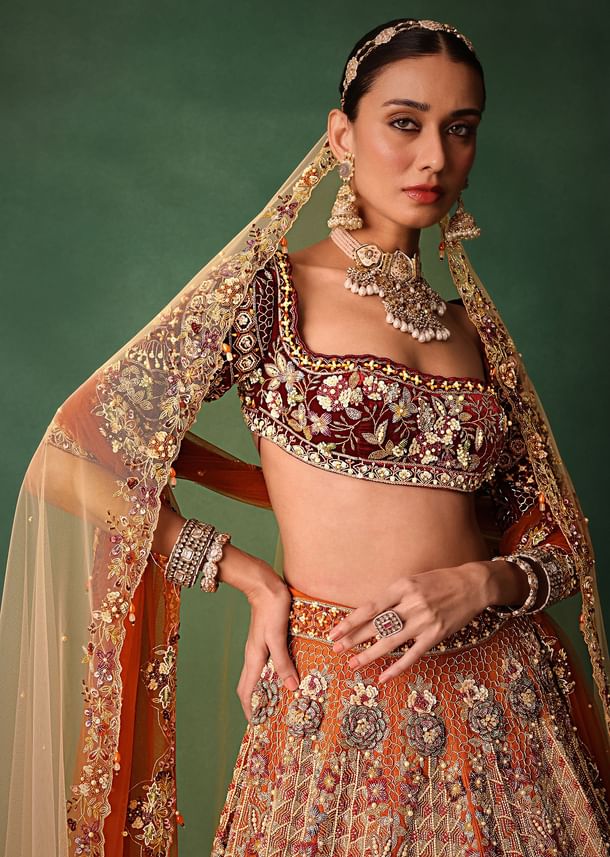 Rust Hand Work Lehenga With Velvet Blouse And Dupatta