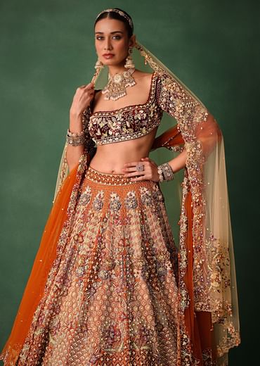Rust Hand Work Lehenga With Velvet Blouse And Dupatta