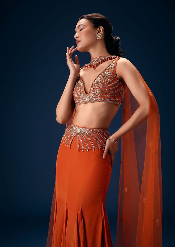 Rust Mermaid Symmetric Belt Skirt With Blouse And Choker