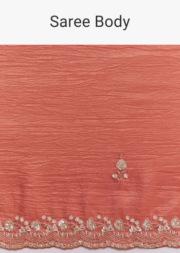 Rust Orange Crushed Tissue Saree With Cutdana Beads And Sequins Embroidery