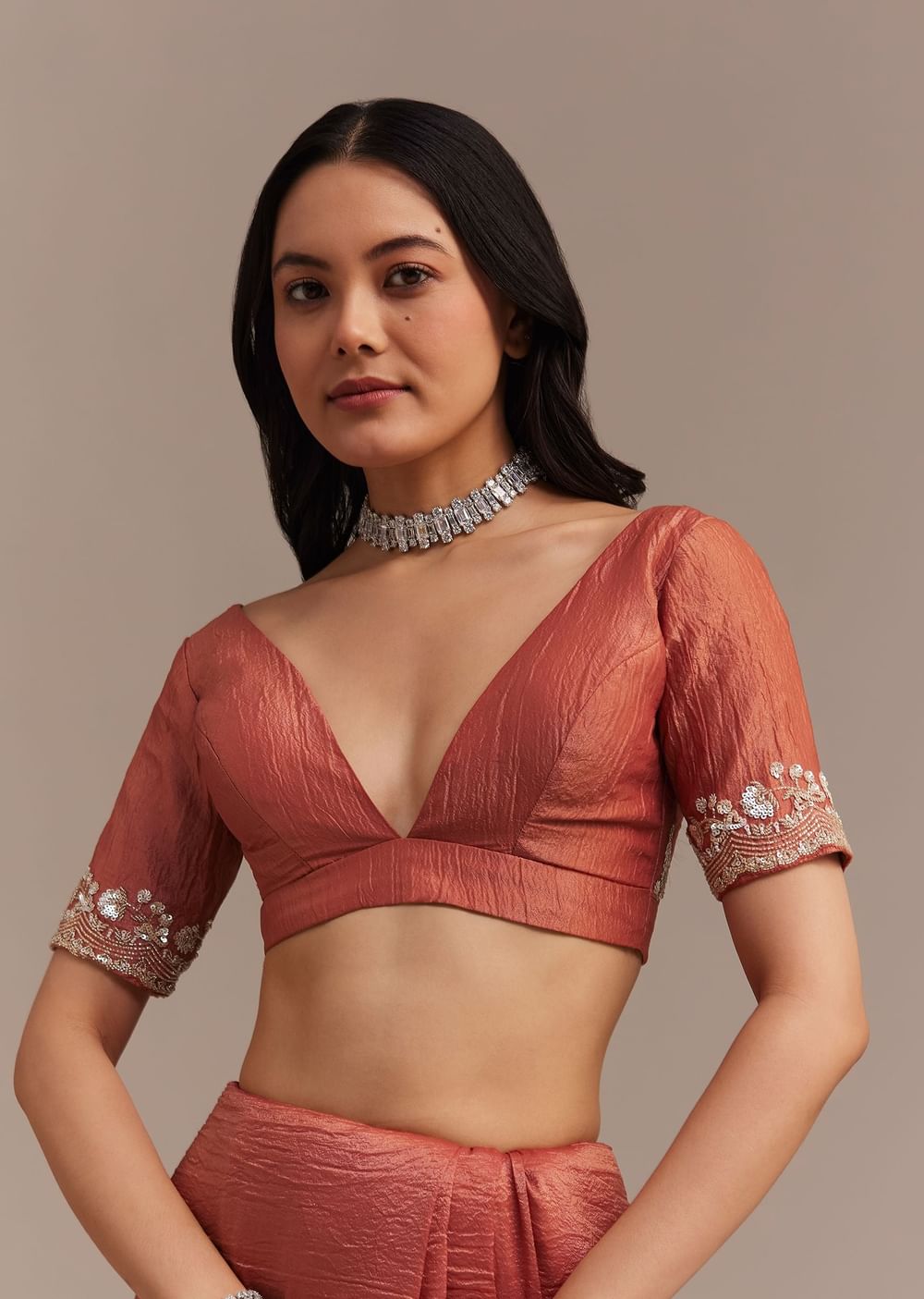 Rust Orange Crushed Tissue Saree With Cutdana Beads And Sequins Embroidery