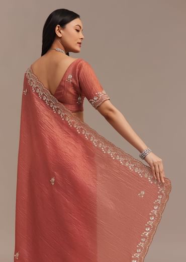 Rust Orange Crushed Tissue Saree With Cutdana Beads And Sequins Embroidery