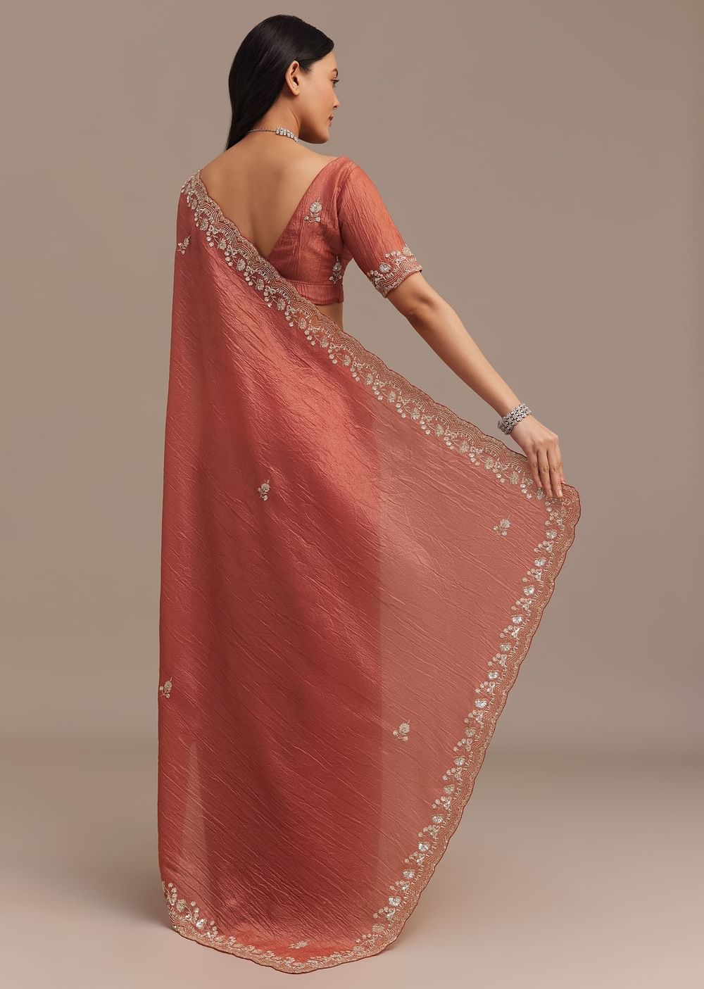Rust Orange Crushed Tissue Saree With Cutdana Beads And Sequins Embroidery