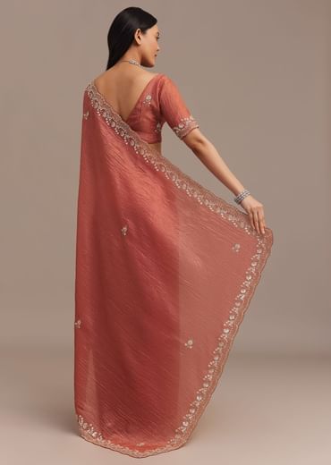 Rust Orange Crushed Tissue Saree With Cutdana Beads And Sequins Embroidery