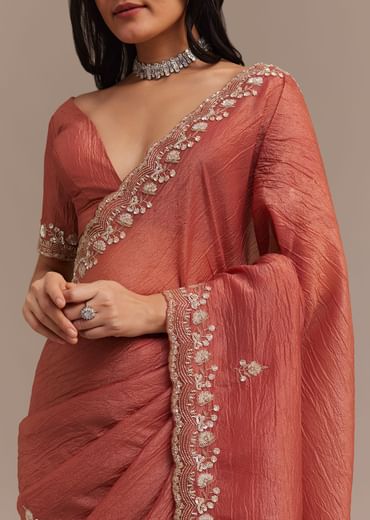 Rust Orange Crushed Tissue Saree With Cutdana Beads And Sequins Embroidery