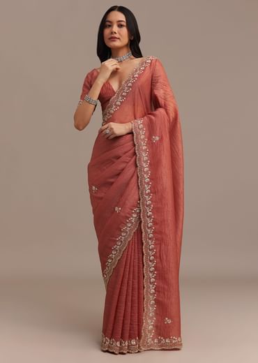 Rust Orange Crushed Tissue Saree With Cutdana Beads And Sequins Embroidery