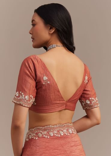 Rust Orange Crushed Tissue Saree With Cutdana Beads And Sequins Embroidery