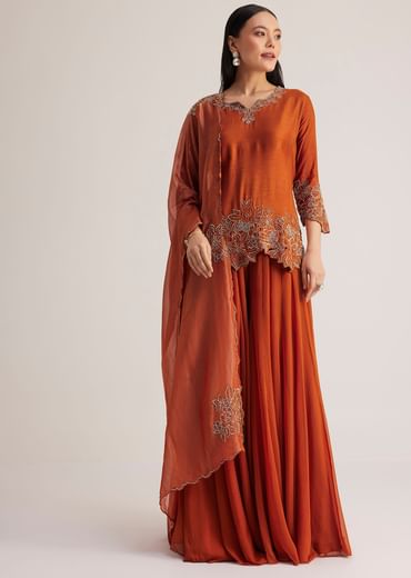 Rust Orange Palazzo Suit With Cutwork Detailing Rust Orange Palazzo Suit With Cutwork Detailing