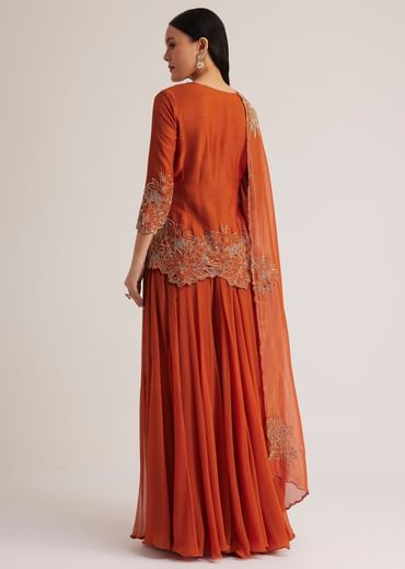 Rust Orange Palazzo Suit With Cutwork Detailing Rust Orange Palazzo Suit With Cutwork Detailing