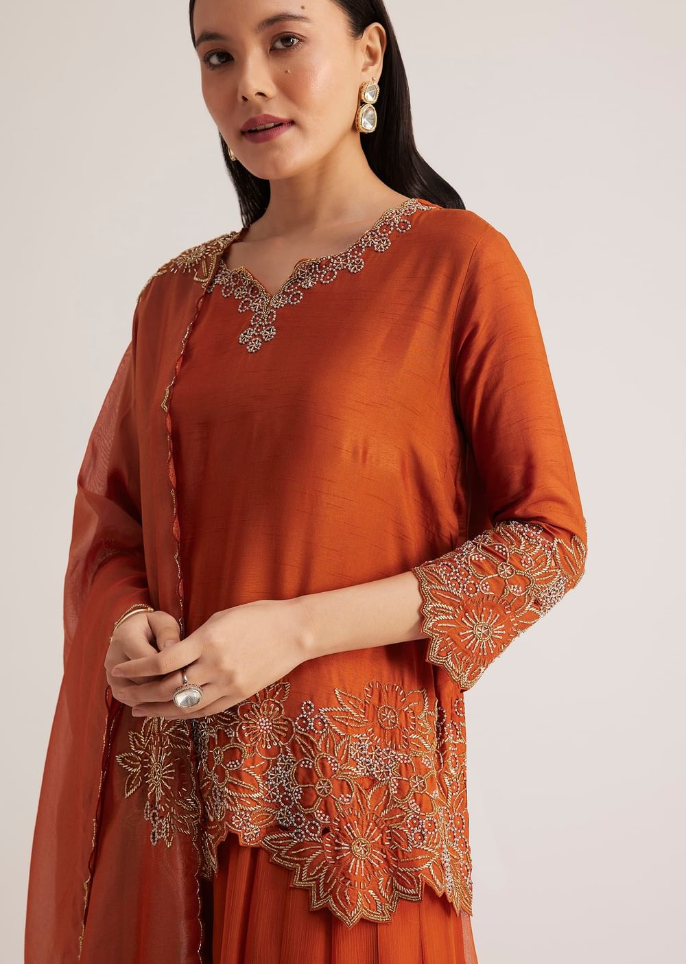 Rust Orange Palazzo Suit With Cutwork Detailing