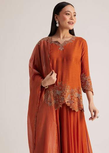 Rust Orange Palazzo Suit With Cutwork Detailing Rust Orange Palazzo Suit With Cutwork Detailing