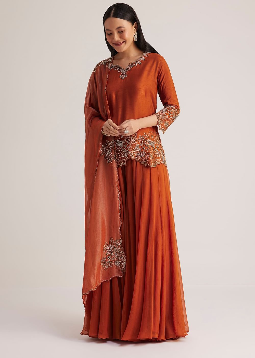 Rust Orange Palazzo Suit With Cutwork Detailing