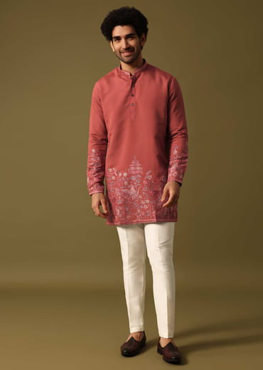 Rust Orange Kurta Set In Resham Work For Men