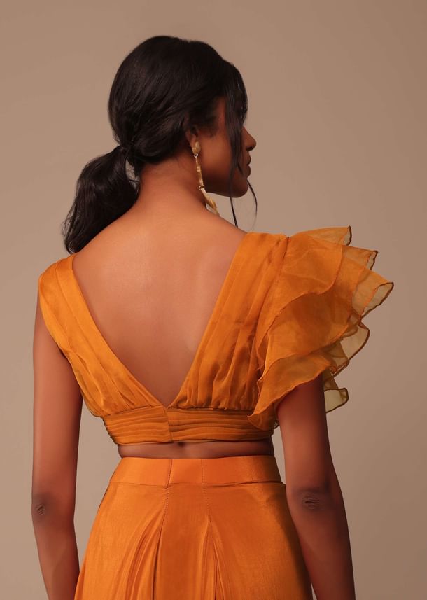 Rust Orange Saree With Fancy Ruffle Blouse And Embroidered Belt Rust Orange Saree With Fancy Ruffle Blouse And Embroidered Belt