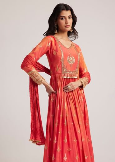 Rust Orange Tissue Anarkali Set With Gotta Work