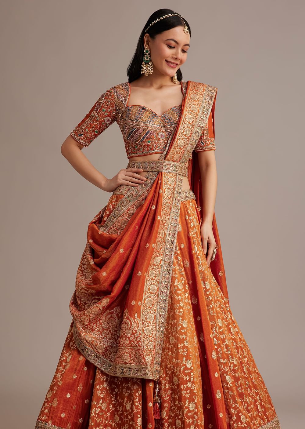 Rust Orange Tissue Lehenga Set With Resham Zari And Sequins Work