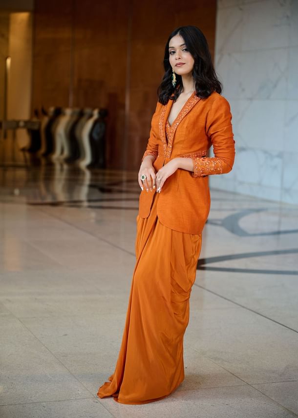 Rust Organza Jacket With Bustier And Draped Skirt