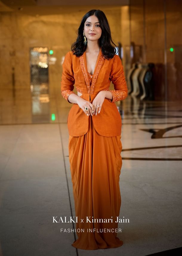 Rust Organza Jacket With Bustier And Draped Skirt