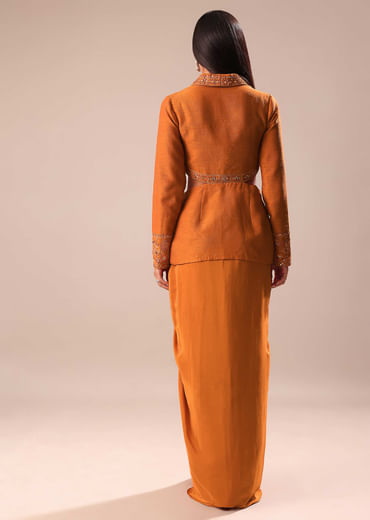 Rust Organza Jacket With Bustier And Draped Skirt