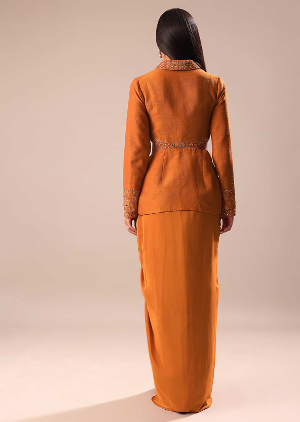 Rust Organza Jacket With Bustier And Draped Skirt