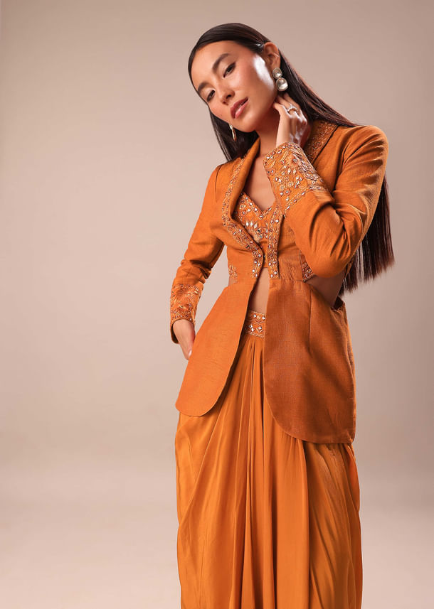 Rust Organza Jacket With Bustier And Draped Skirt