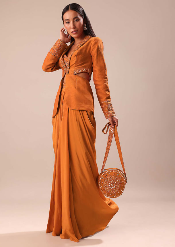 Rust Organza Jacket With Bustier And Draped Skirt
