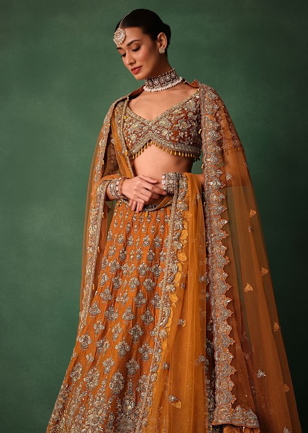 Rust Raw Silk Zardosi Embroidered Bridal Lehenga With Dupatta