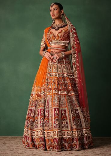 Rust Red Hand Work Bridal Lehenga With Deep Neckline Blouse And Dupatta