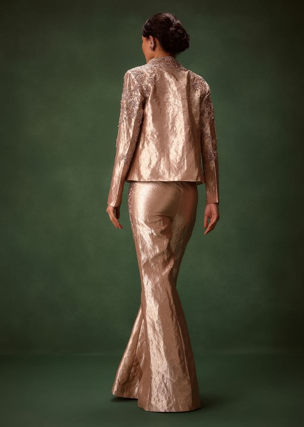 Rust Stretch Net Bell Bottom Set With Embroidered Blazer And Polo Neck Top