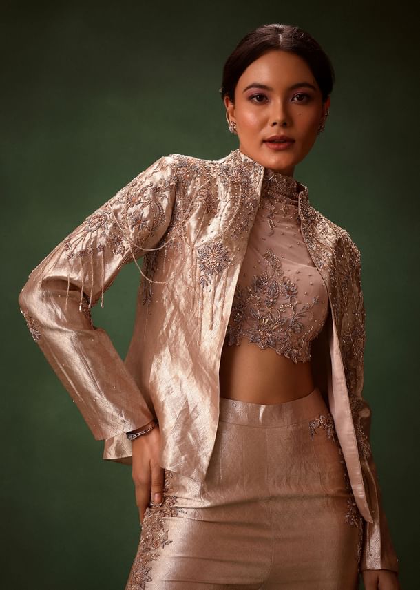 Rust Stretch Net Bell Bottom Set With Embroidered Blazer And Polo Neck Top