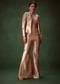 Rust Stretch Net Bell Bottom Set With Embroidered Blazer And Polo Neck Top