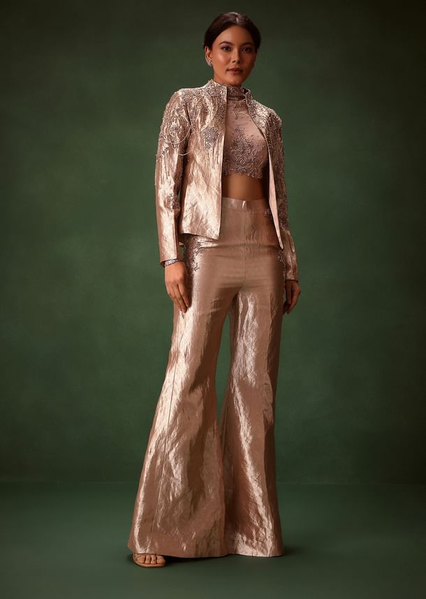 Rust Stretch Net Bell Bottom Set With Embroidered Blazer And Polo Neck Top