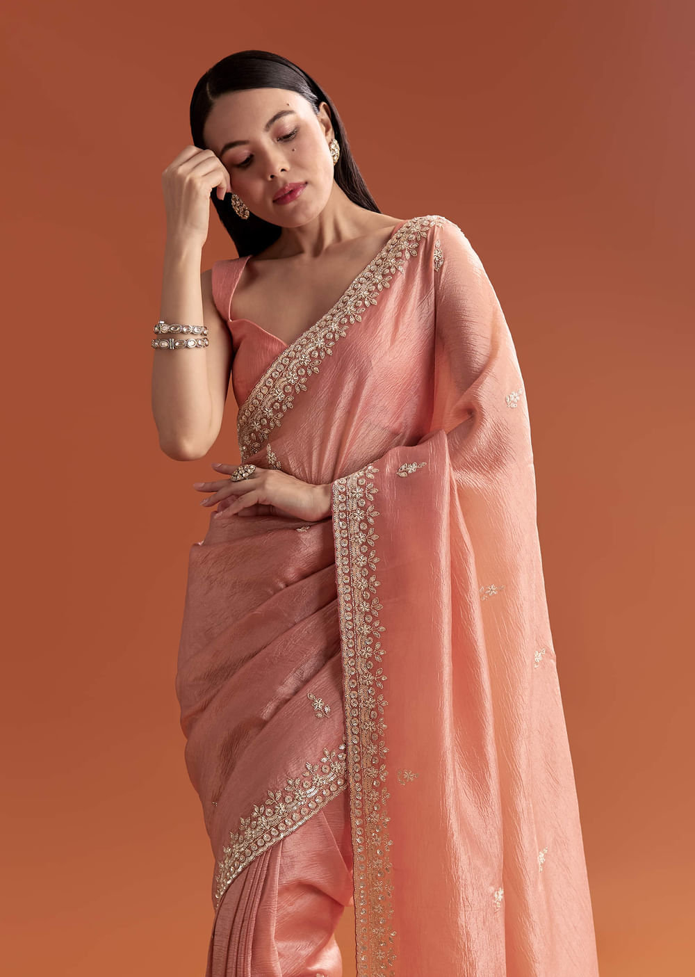 Rust Tissue Saree With Butti And Border Embroidery