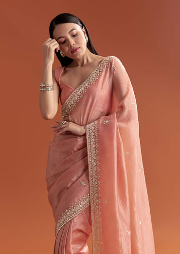 Rust Tissue Saree With Butti And Border Embroidery