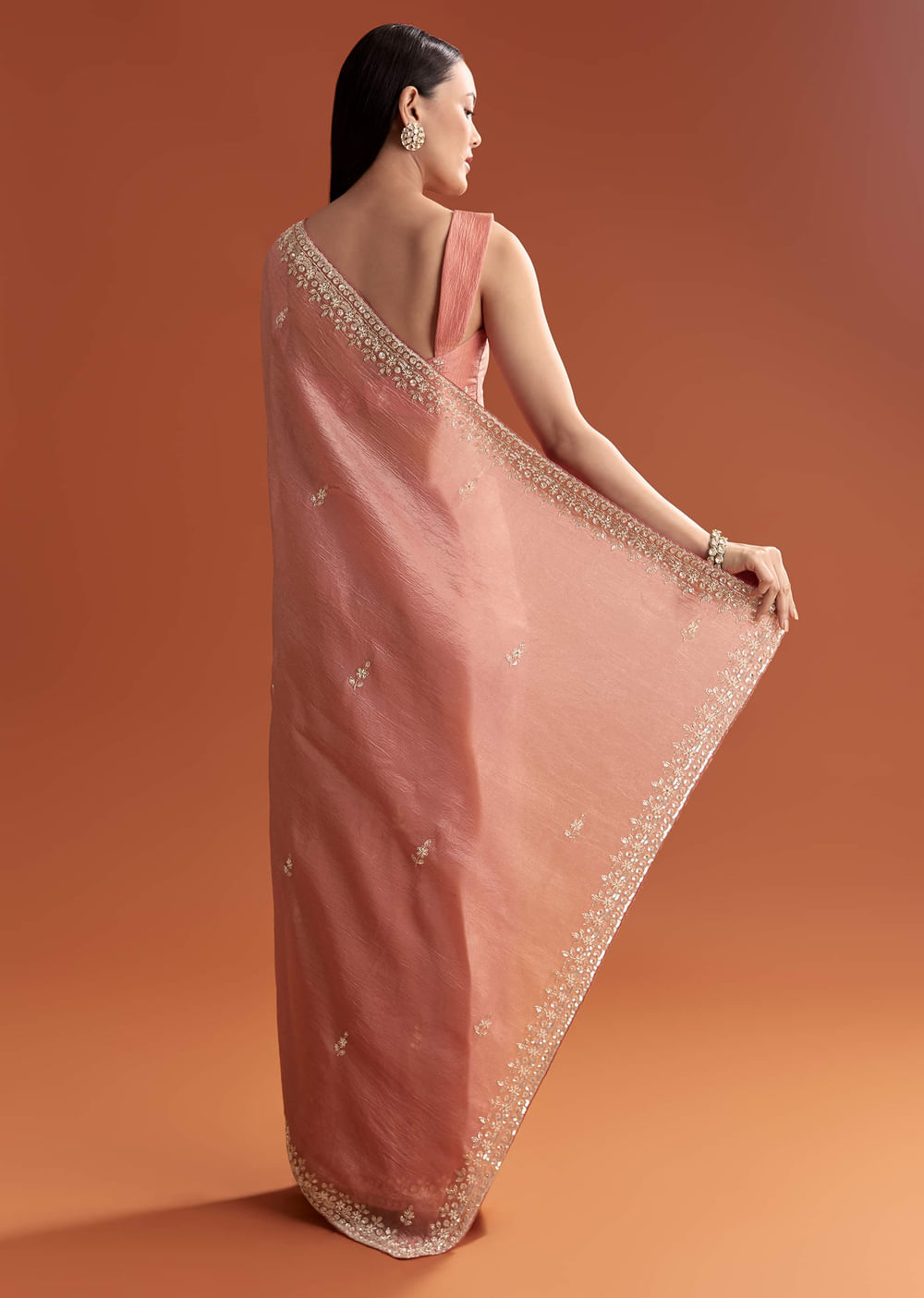Rust Tissue Saree With Butti And Border Embroidery