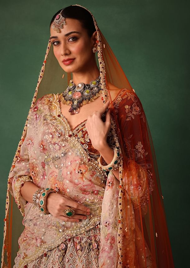 Rust V Neck Blouse With Heavy Jaal Cutdana Work Bridal Lehenga And Heavy Dupatta