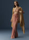 Rusty Pink Embroidered Blouse And Draped Skirt Set With Embellished Cape