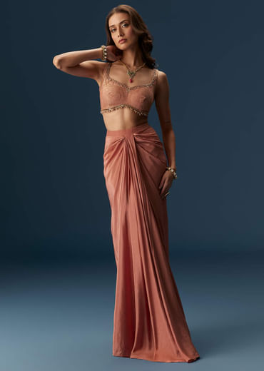 Rusty Pink Embroidered Blouse And Draped Skirt Set With Embellished Cape