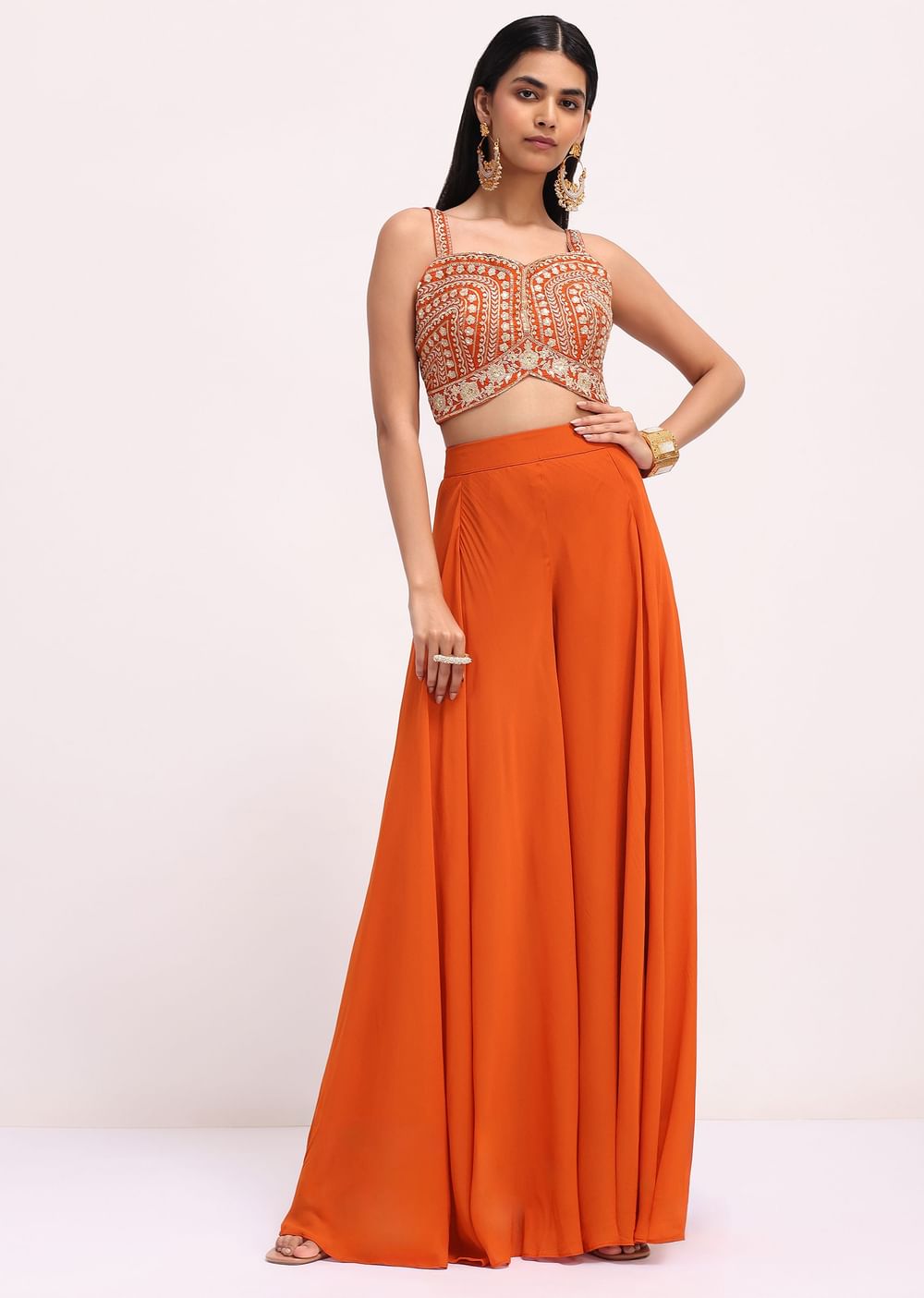 Rusty Orange Palazzo Set With Thread Work Cape